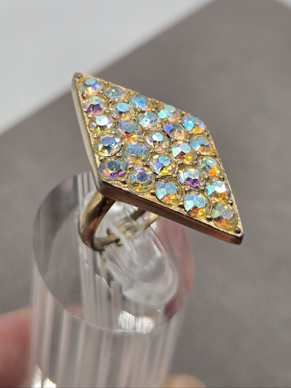 VTG Emmons AB Crystal cocktail Ring Goldtone Size 6/7 Mid Century EMJ / Emmons